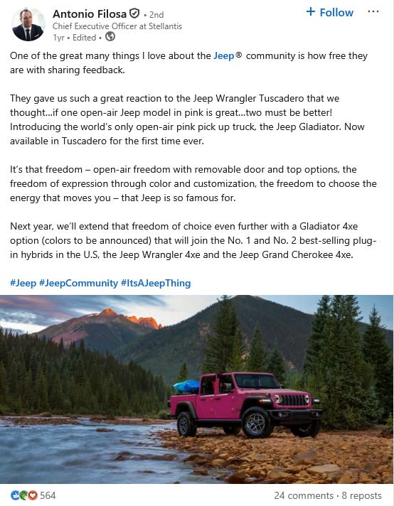 Anthony Filosa LinkedIn post