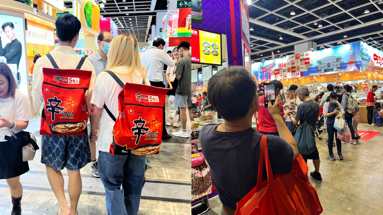 美食博覽2025｜億萬夫婦被捕獲慳家掃貨　孭巨型即食麵福袋曬恩愛