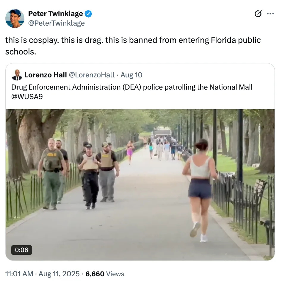 Tweet showing a park with people walking. Above, a quote challenges Florida's ban by comparing drag and cosplay