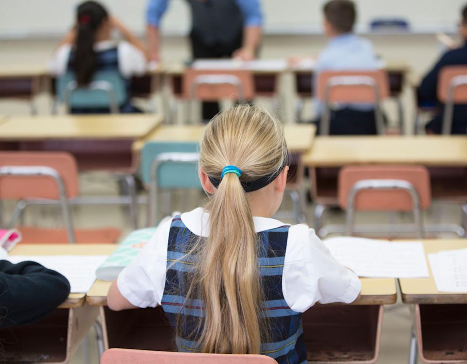 Rear view of schoolgirl in classroom.