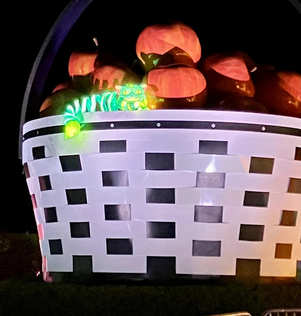 The Cheshire Cat lantern lounges on the Crawford Barn’s iconic Longaberger apple basket. Garden of Lights’ “Alice in Wonderland” will be on display at the Crawford Barn, 5825 Raiders Road, Frazeysburg, through the end of February.