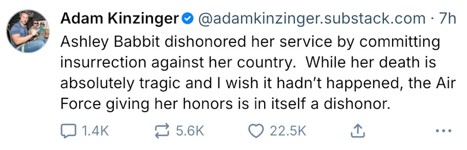 Tweet by Adam Kinzinger criticizing posthumous honors for Ashley Babbit, calling it a dishonor due to her involvement in insurrection