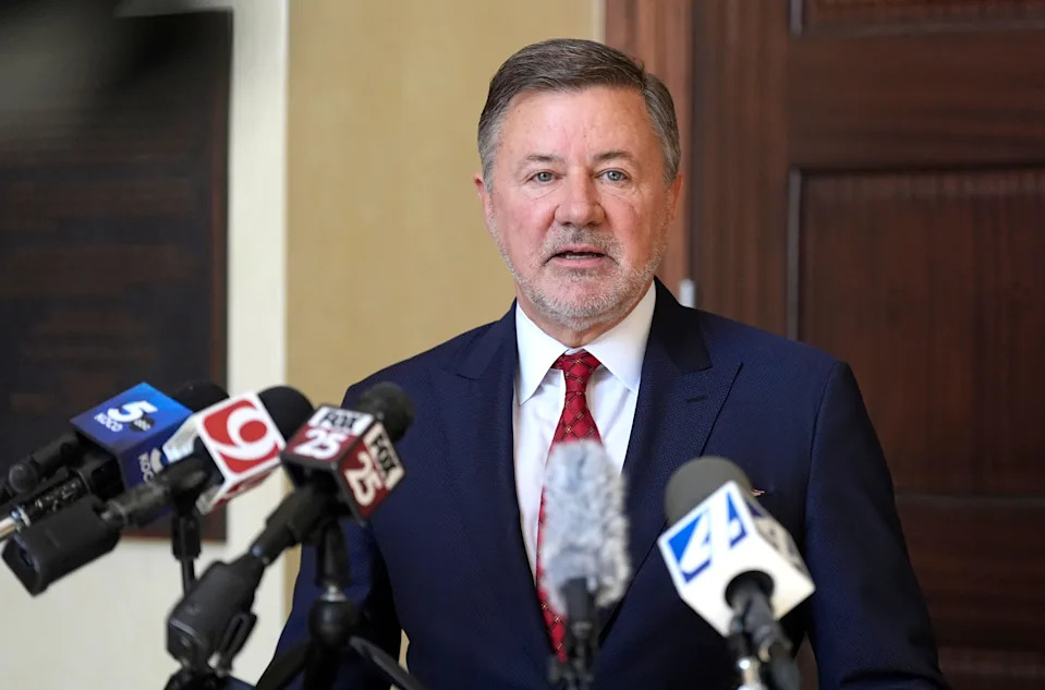 Oklahoma Attorney General Gentner Drummond speaks during a Feb. 25 news conference in Oklahoma City.
