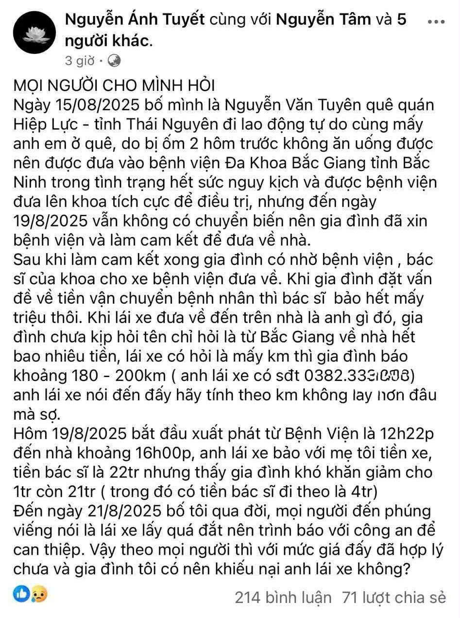 Một gia đình bị thu 21 triệu tiền xe cấp cứu đi 200km từ Bắc Ninh về Thái Nguyên