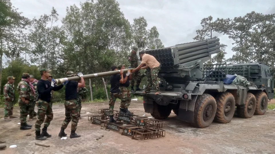 Cambodian soldiers reload a BM-21 multiple rocket launcher in Preah Vihear province on Thursday. - Stringer/AFP/Getty Images