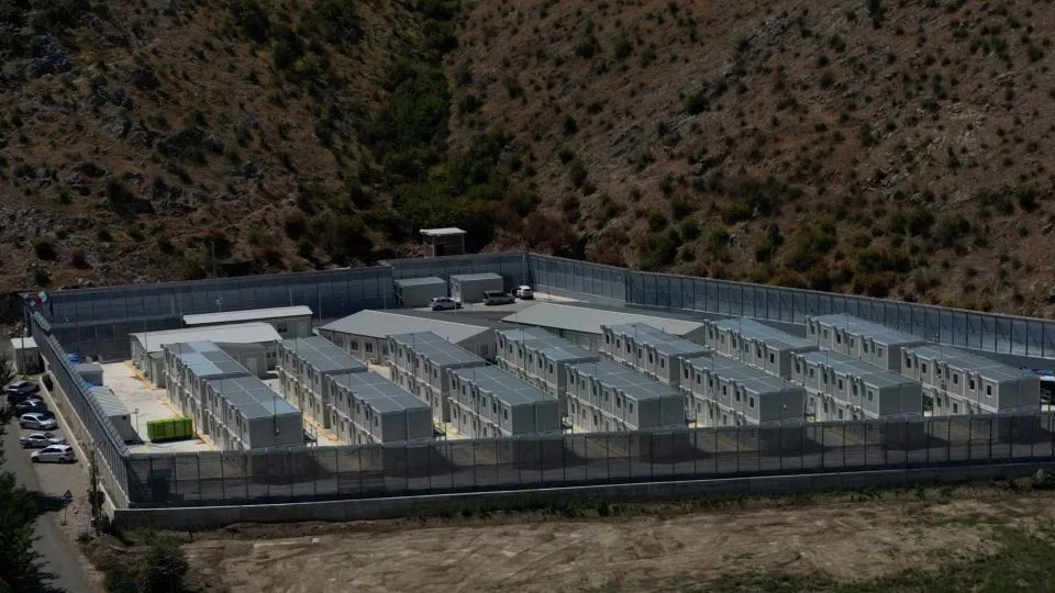 A drone view shows one of Italy's migrant detention centers in Gjader, Albania on July 31, 2025. - Florion Goga/Reuters