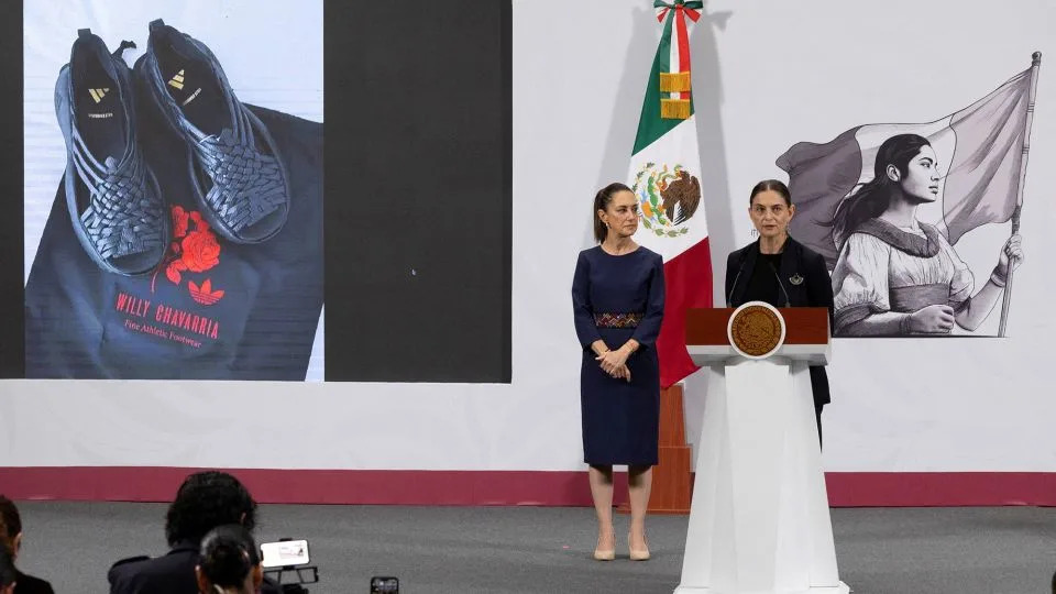 Marina Nunez Bespalova, Mexico’s Undersecretary of Cultural Development, speaks during President Claudia Sheinbaum’s morning press conference at the National Palace to condemn Adidas and designer Willy Chavarria over the “Oaxaca Slip On” shoe, in Mexico City on August 8. - Presidencia de Mexico/Handout/Reuters