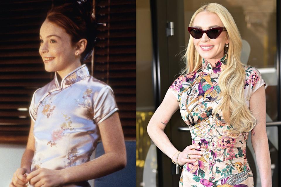 Lindsay Lohan en The Parent Trap (1998), izquierda, y en 2025 durante la promoción de Freakier Friday. (Ilustración: Yahoo Noticias; fotos: Everett y James Devaney/GC Images vía Getty Images)