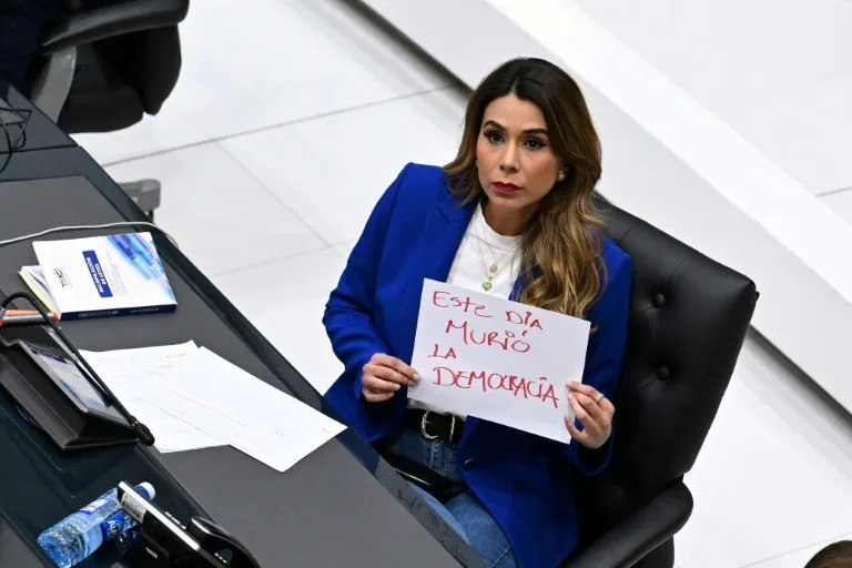 Opposition lawmaker Marcela Villatoro holds a sign that reads 'Democracy died today' as El Salvador's legislators adopt a consititutional reform abolishing presidential term limits (Marvin RECINOS)