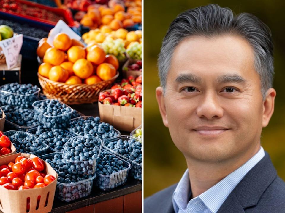 A composite image. On the left, a display of fruits and vegetables at a stall. On the right, a man in a suit.