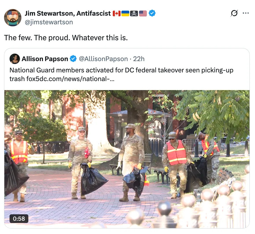 Tweet with photo of National Guard members holding trash bags in a park. Caption references military pride humorously