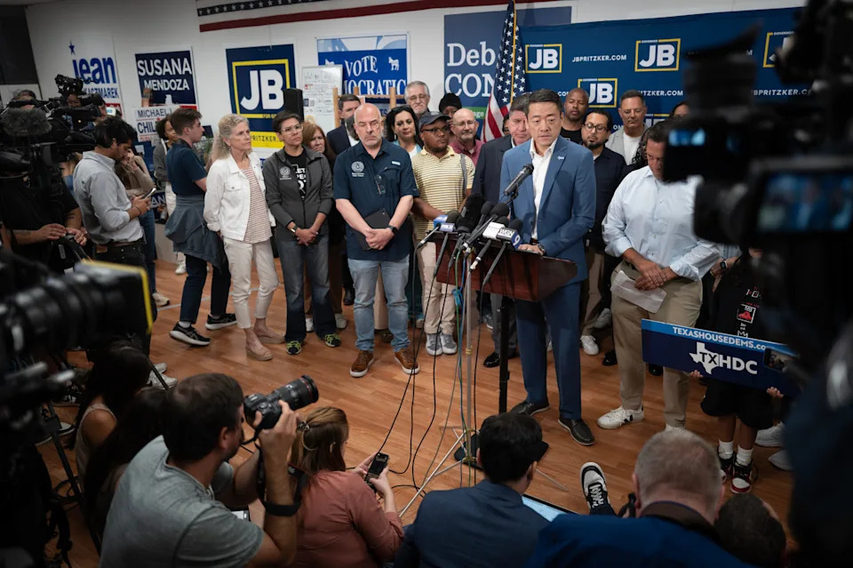 Texas House Democratic Caucus Chair Gene Wu speaks to reporters following a press conference at the DuPage County Democratic Party headquarters on Aug. 3, 2025 in Carol Stream, Illinois. Wu was with a group of Democratic Texas lawmakers who left the state earlier today so a quorum could not be reached during a special session called to redistrict the state.