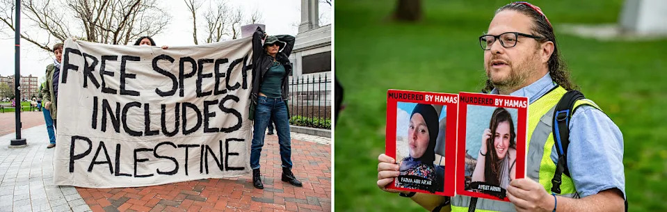 Dueling protests over the Israel-Hamas war outside Harvard University on April 25. (Joseph Prezioso / AFP - Getty Images file)