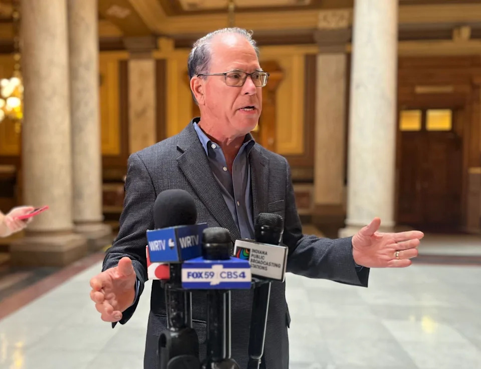  Gov. Mike Braun addresses reporters on Aug. 18, 2025. (Niki Kelly/Indiana Capital Chronicle)