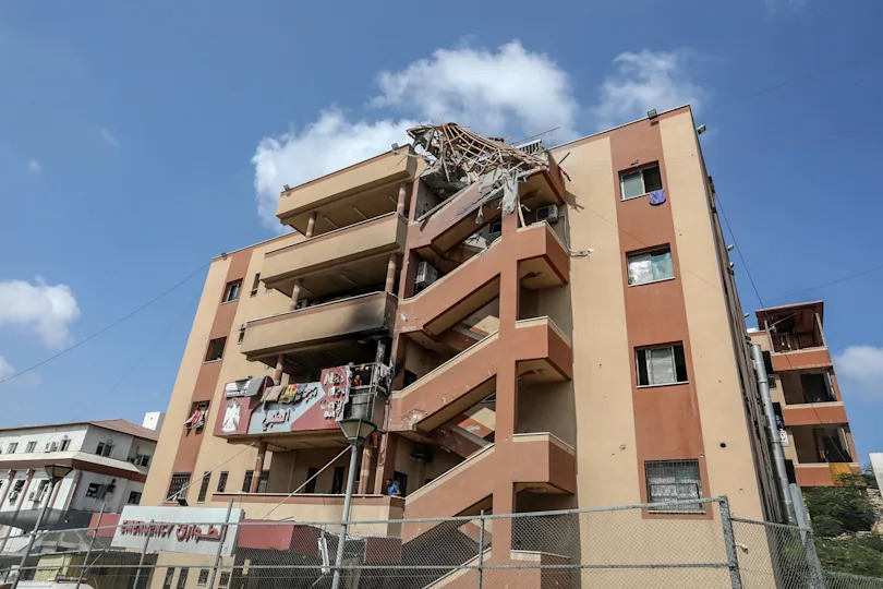 A photo shows the fourth floor of a building at Nasser Hospital that was damaged by an Israeli strike, in Khan Younis, southern Gaza, Aug. 25, 2025. / Credit: Abed Rahim Khatib/Anadolu/Getty