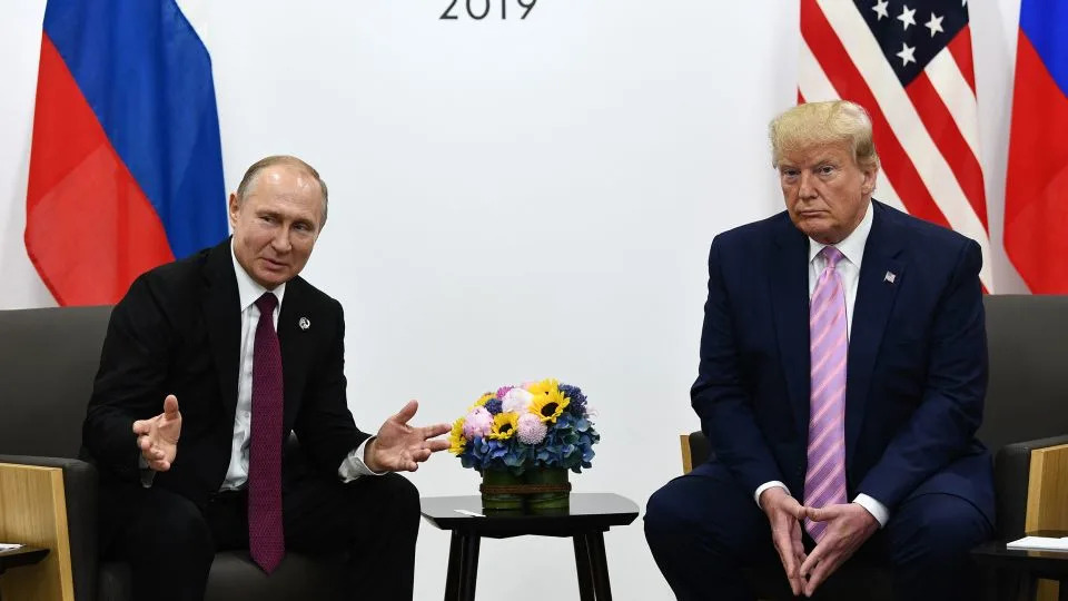 US President Donald Trump meets with Russian President Vladimir Putin during the G20 summit in Osaka on June 28, 2019. - Brendan Smialowski/AFP/Getty Images/FILE