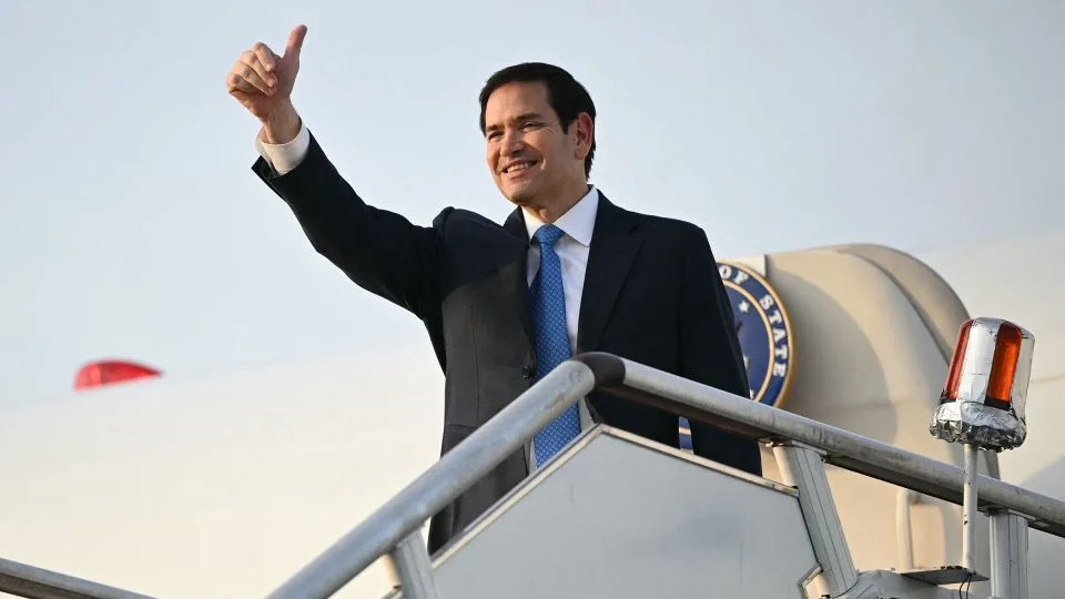 Secretary of State Marco Rubio boards his flight before departing from Subang Air Base, on the outskirts of Kuala Lumpur, on July 11, 2025. - Mandel Ngan/Pool/AFP/Getty Images