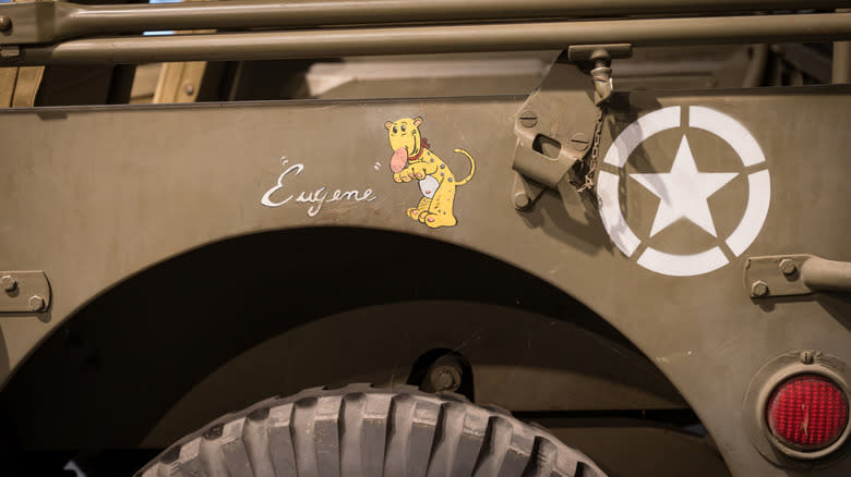 Eugene The Jeep cartoon graphic on a military Willys.