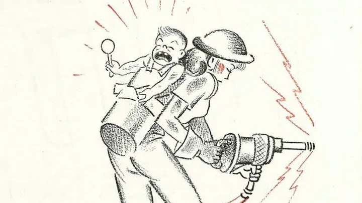 An image of Rosie the Riveter from a 1943 issue of the magazine Hygeia (published by the American Medical Association) demonstrating the need for child care.