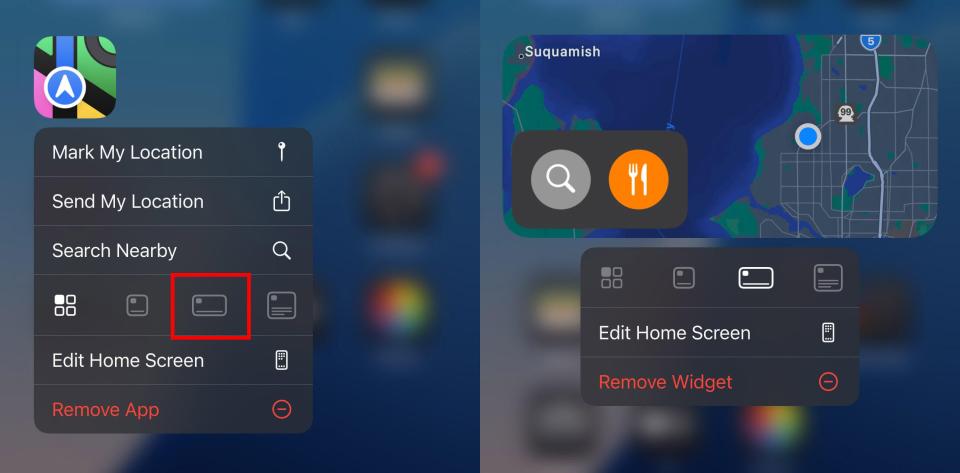iOS 18 screenshots showing controls for expanding normal icons -- in this case, the Maps app -- into multi-column widgets.