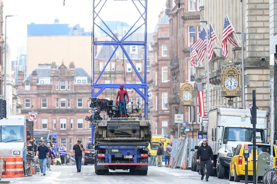 Tom Holland films Spider-Man scenes on top of a makeshift tank. Wattie Cheung / MEGA