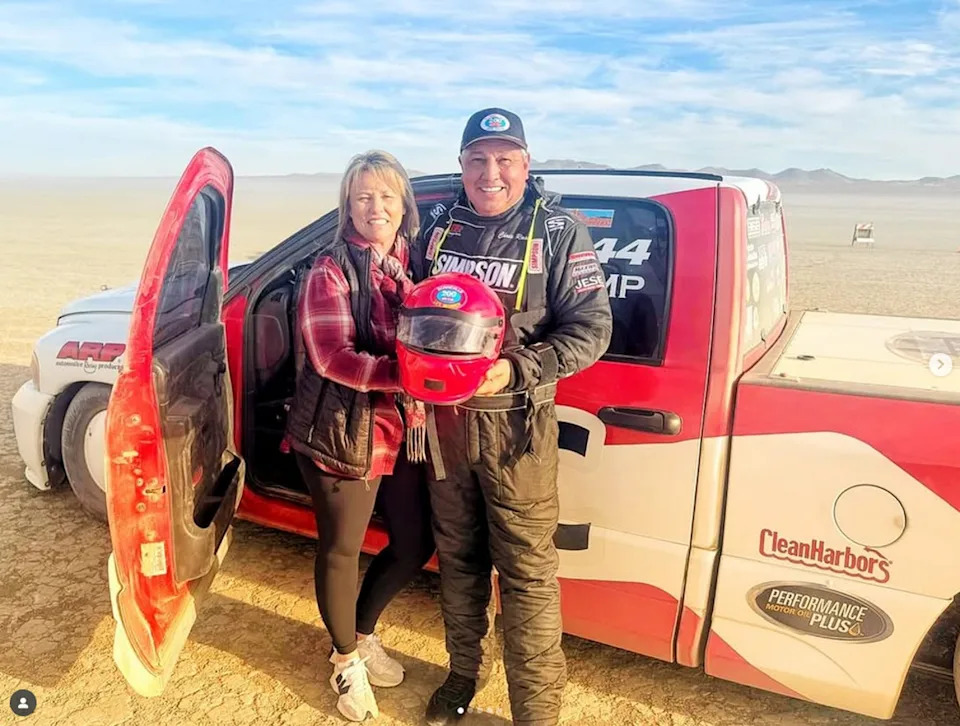 Chris Raschke with his wife Connie Patterson at the El Mirage dry lake bed in southeastern California in November 2024 (Maxwell Industries via Instagram)
