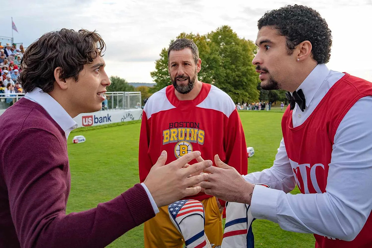 Scott Yamano/Netflix Marcello Hernandez as Esteban, Adam Sandler as Happy Gilmore and Benito Antonio Mart&#xed;nez Ocasio as Oscar Mejias in &#39;Happy Gilmore 2.&#39;