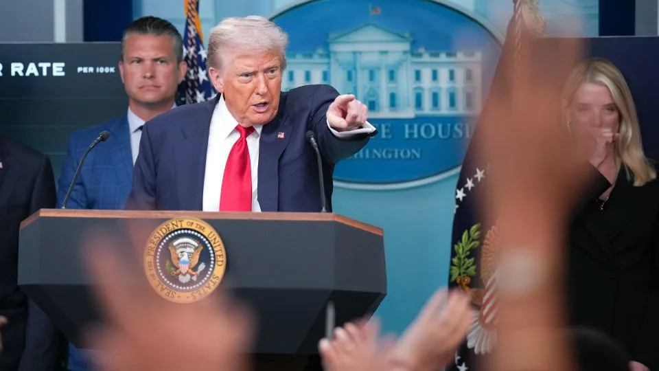 President Donald Trump answers questions during a press conference in the James S. Brady Press Briefing Room of the White House on August 11, 2025. - Andrew Harnik/Getty Images