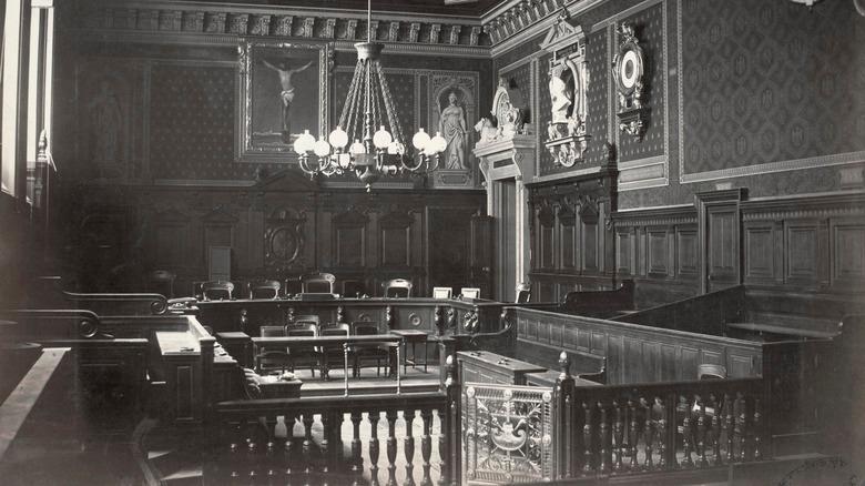An interior view of a court room at the Palais de Justice in Paris during the 1860s