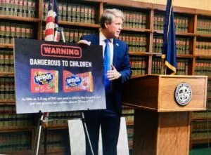Nebraska Attorney General Mike Hilgers hosts a press conference in October 2023 on what he called a major, unprecedented consumer protection action in the state targeting “deceptive” labeling of delta-8 products. (Courtesy of Nebraska Attorney General’s Office)