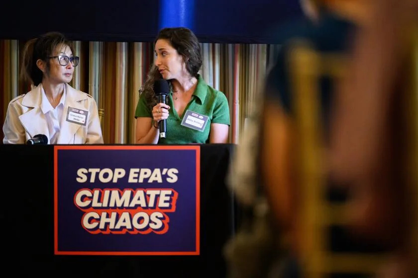 PASADENA, CALIFORNIA - AUG 9, 2025: Abby Waldorf, right, speaks alongside Grace Kono-Wells during an event discussing extreme weather on Saturday, Aug. 9, 2025, in Pasadena, Calif. (William Liang / For the Times)