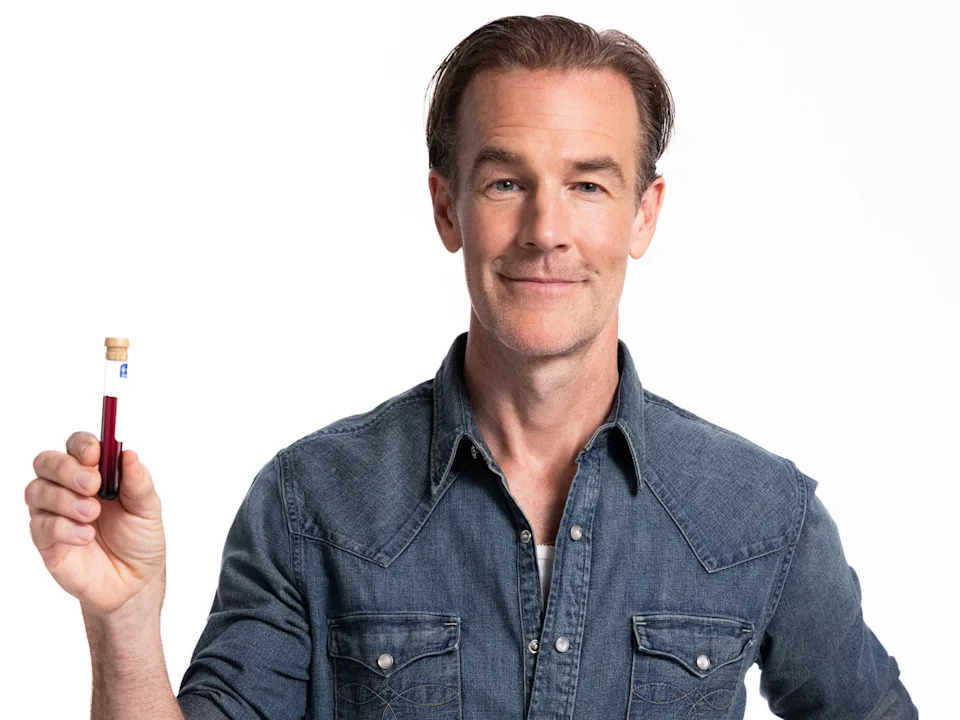 James Van Der Beek holding a vial of blood.