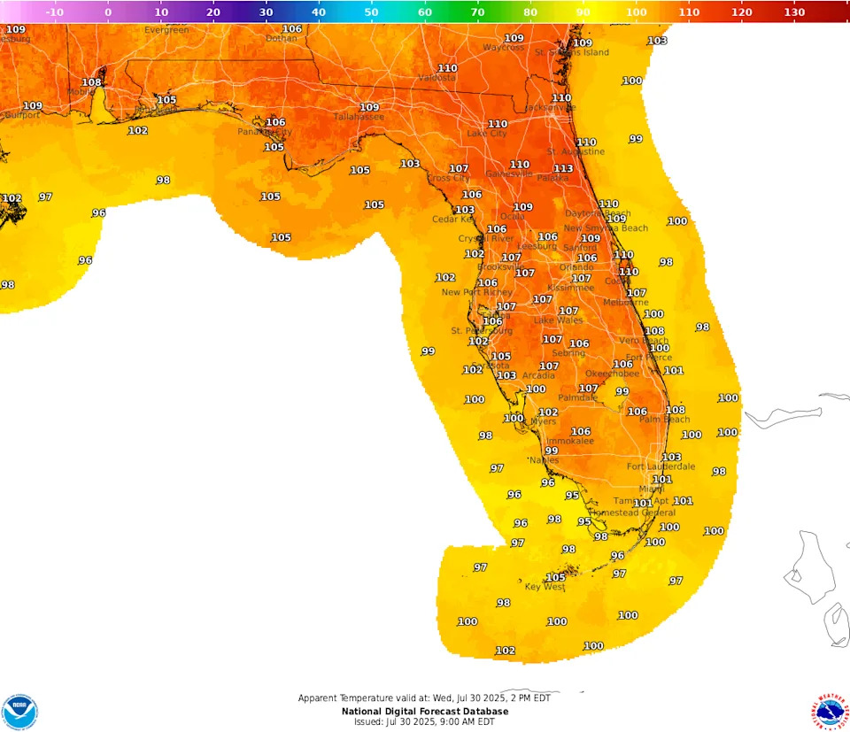 Predicted heat index across Florida at 2 p.m. July 30, 2025.