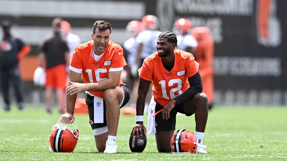 Joe Flacco, left, and Shedeur Sanders are on opposite ends of Cleveland's quarterback depth chart.