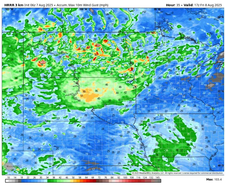 The orange, red and white shades indicate where the strongest winds gusts could occur. WeatherBell