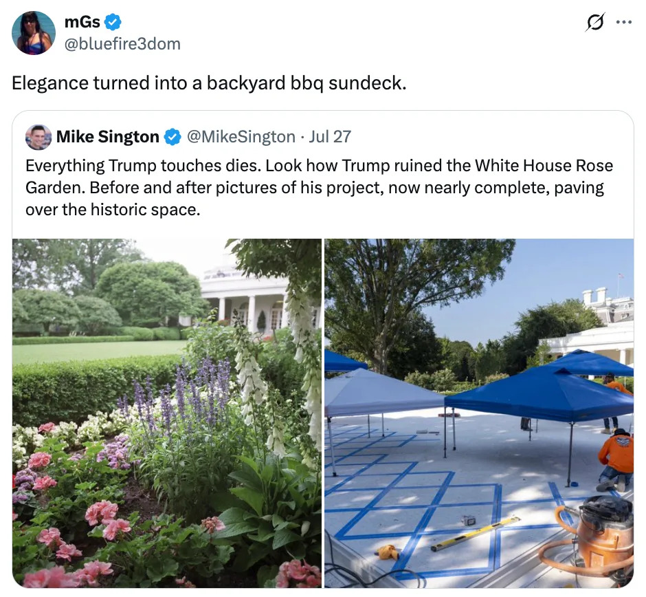 Tweet showing before/after photos of the White House Rose Garden renovation. Before: lush garden. After: construction site with paving and tents