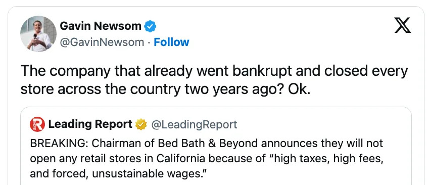 Tweet by Gavin Newsom questioning a report about Bed Bath & Beyond stores not reopening in California due to financial challenges