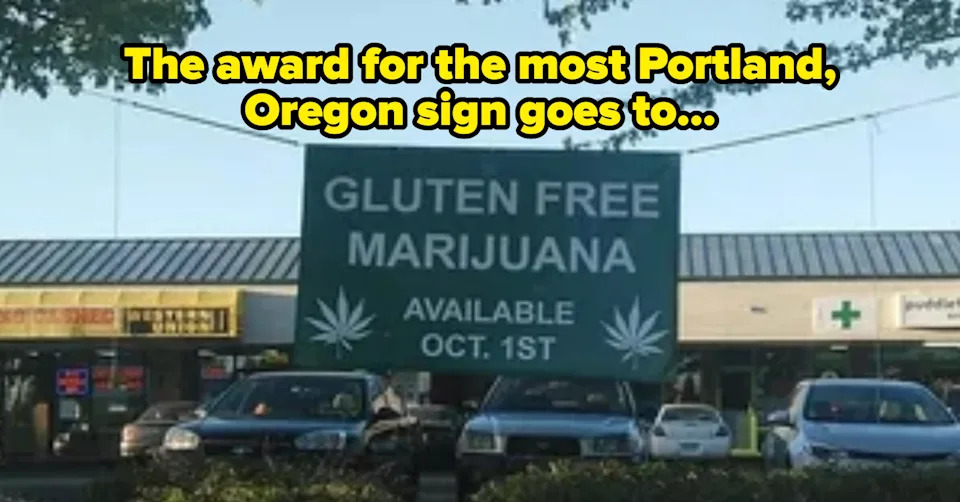 Sign in parking lot reads: "Gluten Free Marijuana Available Oct. 1st" with two cannabis leaf icons