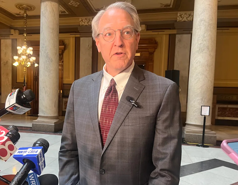 Indiana Rep. Matt Pierce, D-Bloomington, pans any explicitly partisan redistricting efforts at the Indiana Statehouse on Aug. 5, 2025. (Whitney Downard/Indiana Capital Chronicle)