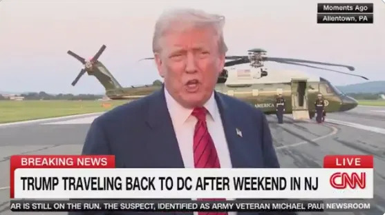 Former U.S. President speaking in front of a helicopter on a CNN broadcast. Headline: "Trump traveling back to DC after weekend in NJ."