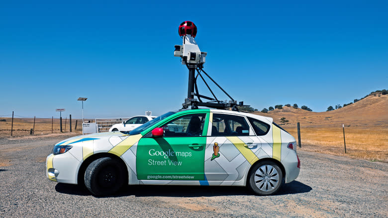 "Mariposa, California, USA - August 23rd, 2012 : A side shot of a Google Maps Street View car parked by the Hornitos Ranches. The device mounted on top of the car contains, lasers, motion sensors and the actual street view camera used to take street view pictures of different neighborhoods."