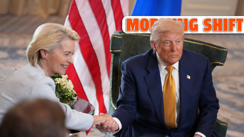 U.S. President Donald Trump shakes hands with President of the European Commission Ursula von der Leyen as he announces a trade deal with the EU at Trump Turnberry golf club on July 27, 2025 in Turnberry, Scotland. U.S. President Donald Trump is visiting his Trump Turnberry golf course, as well as Trump International Golf Links in Aberdeenshire, during a brief visit to Scotland from July 25 to 29.