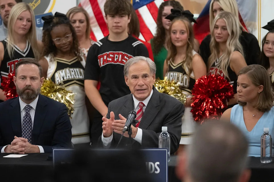 Texas Gov. Greg Abbott addresses the crowd during a bill signing ceremony Aug. 1, 2025, at AmTech Career Academy in Amarillo. Abbott signed House Bill 1481, which restricts student cell phone use in schools, and Senate Bill 2420.