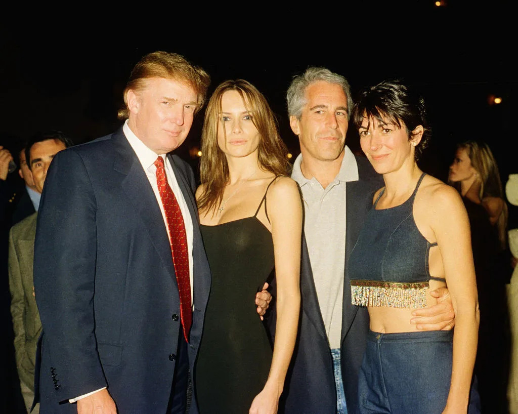 Donald and Melania Trump with the late Jeffrey Epstein and Ghislaine Maxwell in the early 2000s. Maxwell was moved Friday to a minimum‑security federal prison camp in Texas just two days after talking to the Deputy Attorney General. Davidoff Studios / Getty Images