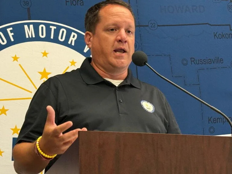 Indiana Bureau of Motor Vehicles Commissioner Kevin Garvey speaks during the unveiling of the state’s new blackout license plate on Monday, July 21, 2025, at the Indiana Government Center in Indianapolis.