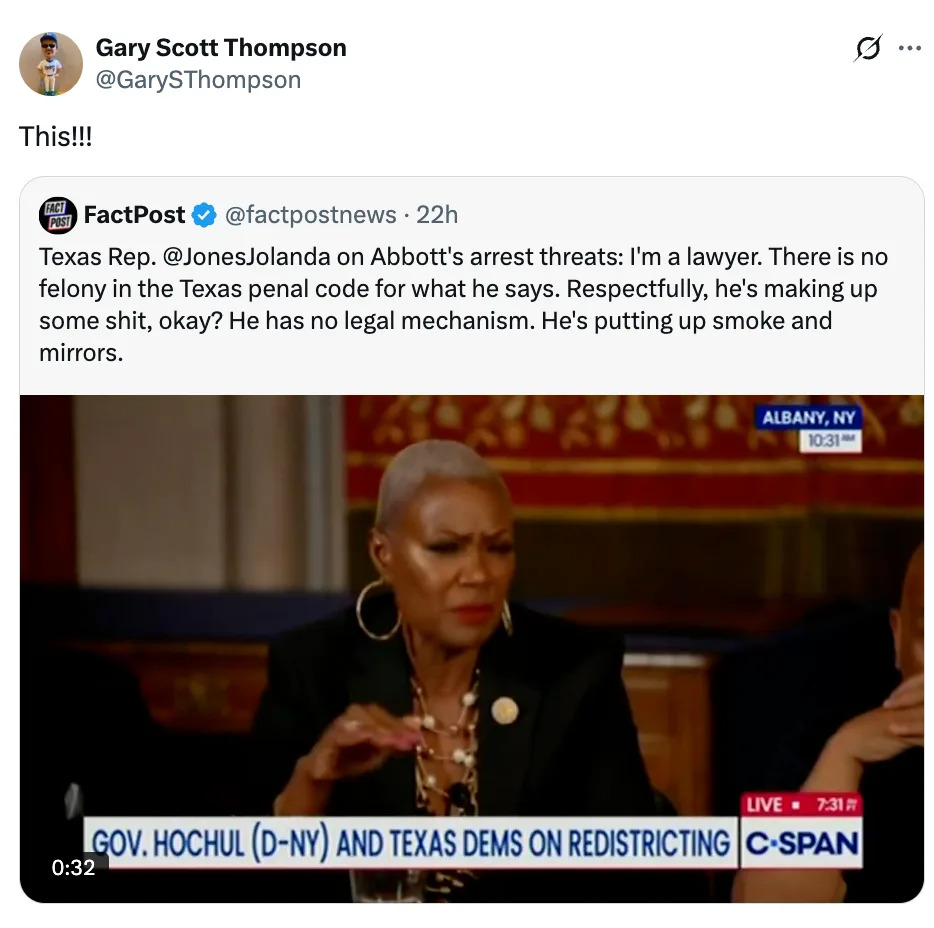 Image shows a tweet with a video still from C-SPAN. A person is speaking. Caption discusses Texas Rep. @JonesJolanda addressing Governor Abbott’s arrest threats