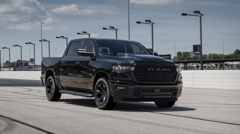 A black 2026 Ram 1500 Black Express at Darlington Speedway in South Carolina.