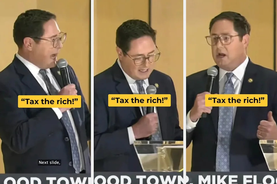 Three images of a man in a suit and tie, speaking at a podium, each with the text: "Tax the rich!"
