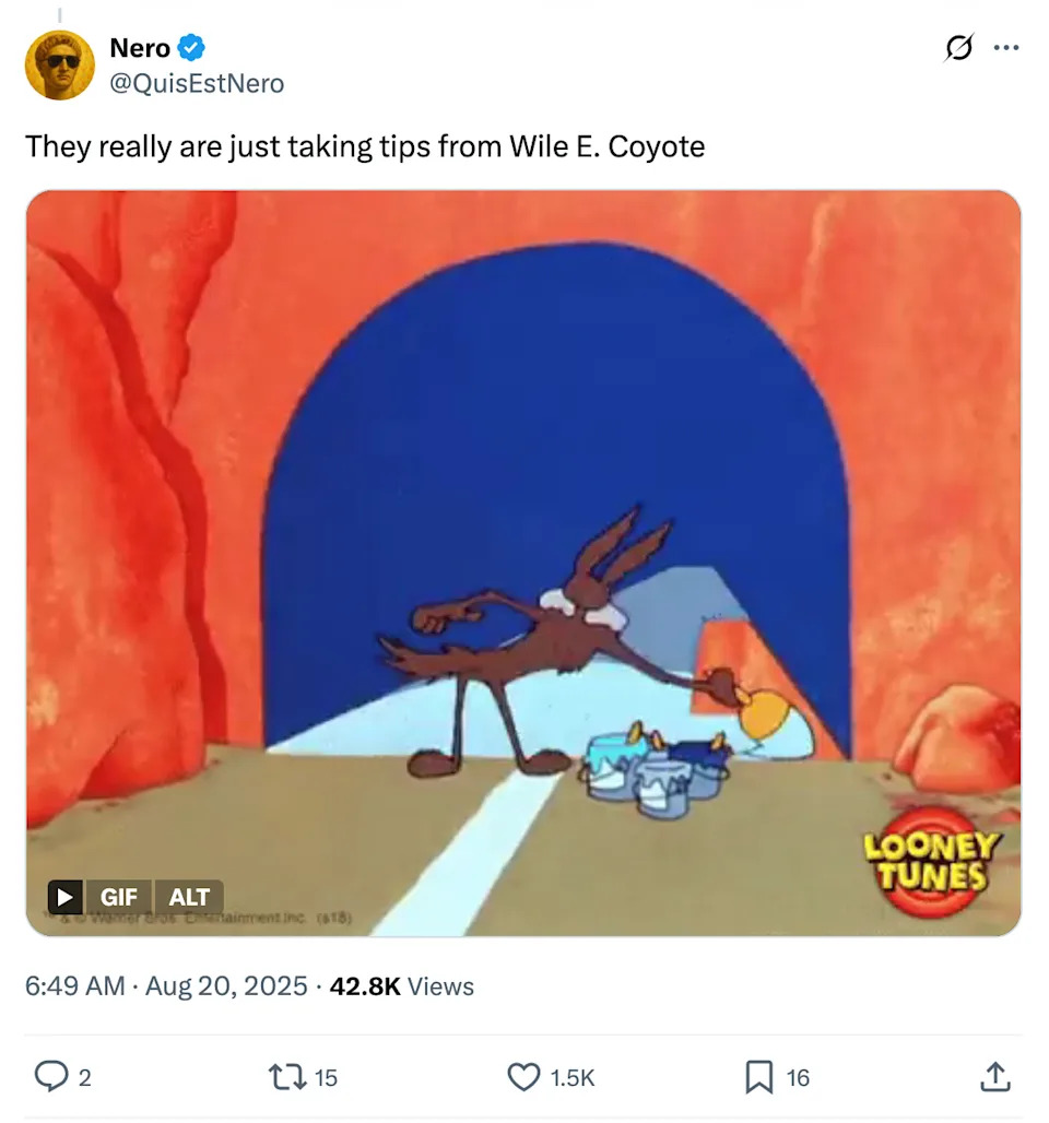 Wile E. Coyote painting a fake tunnel on a rock wall, with a road runner escaping. "Looney Tunes" logo on the bottom right