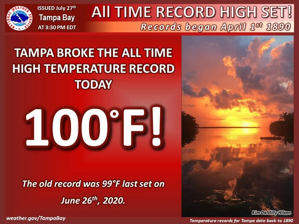 Tampa set a record high temperature of 100 degrees July 27, 2025.
